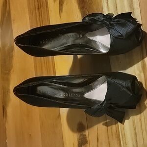 Paris Hilton Black Satin Peep-Toe Heels with Front Bows